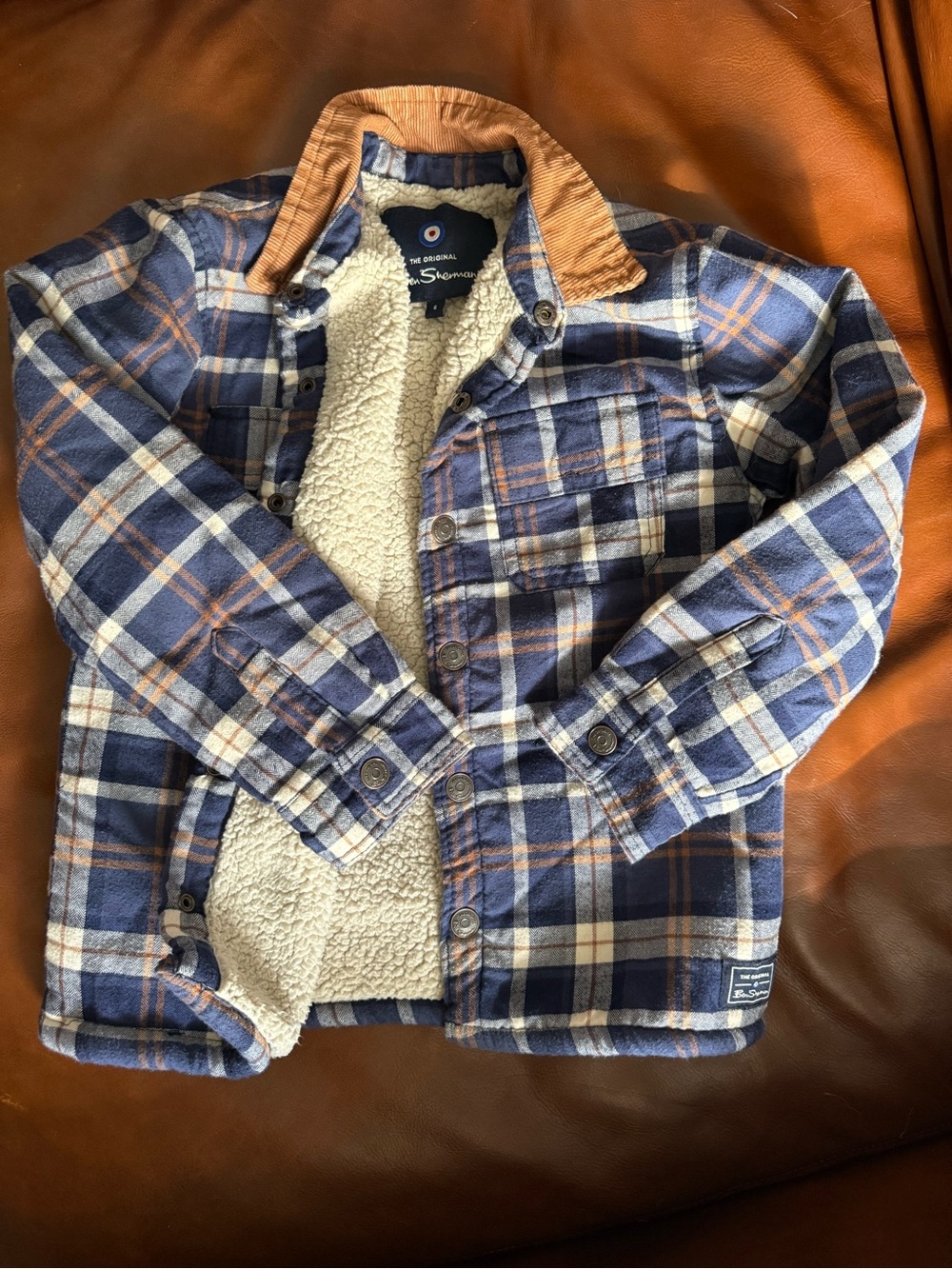 Navy and Tan Plaid Sherpa-Lined shacket